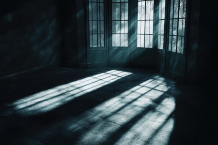 Soft sunlight filters through dusty windows, casting long shadows across the empty room's floor.の写真素材