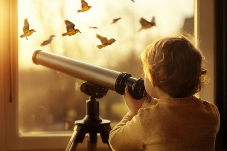 A young child intently watches birds flying outside through a telescope from a cozy indoor space.の写真素材