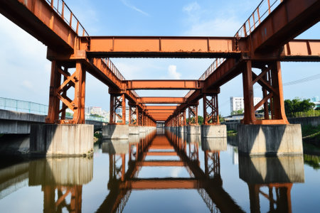 A rusty bridge stands over tranquil water, reflecting its industrial design against a clear blue sky.の写真素材
