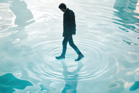A young man walks across the surface of a serene pool, creating ripples as the sun sets.の写真素材