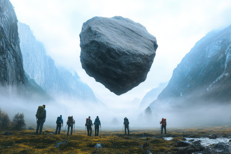 Hikers stand captivated in a misty valley as a large rock hovers above the ground, surrounded by mountains.の写真素材