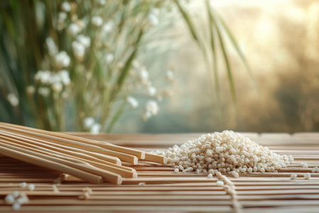 Bamboo chopsticks rest next to uncooked rice on a bamboo mat, with a soft, natural background in focus.の写真素材