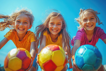 Three girls smile brightly while holding colorful soccer balls under a clear blue sky.の写真素材