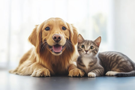 A cat and a golden retriever are enjoying each other's company in a cozy, sunlit room.の写真素材