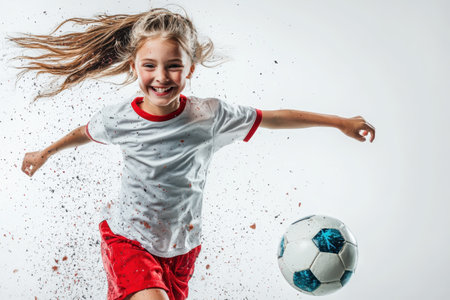 A girl wearing a white and red outfit happily kicks a soccer ball, surrounded by playful dust.の写真素材