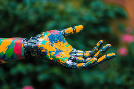 A vibrant robotic hand painted with multiple colors extends outward against a blurred green background.の写真素材