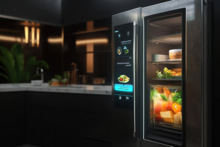 A sleek, smart refrigerator filled with colorful vegetables and meal suggestions, enhancing kitchen organization.の写真素材