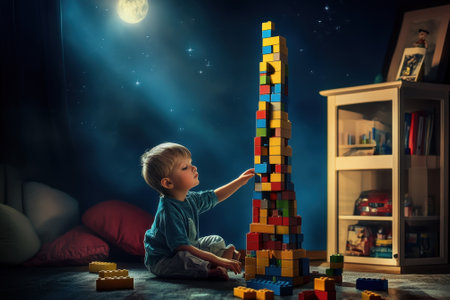A young boy sits on the floor, focused on stacking colorful blocks while moonlight shines through the window.の写真素材