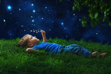 Young child lies on a grassy field, mesmerized by the starry sky at night, dreaming of constellations.の写真素材