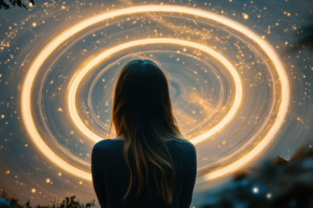 A person stands in awe, observing the mesmerizing spiral patterns of stars illuminating the night sky.の写真素材