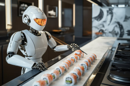 A robotic chef skillfully rolls sushi in an advanced kitchen setup, highlighting innovation in food preparation.の写真素材