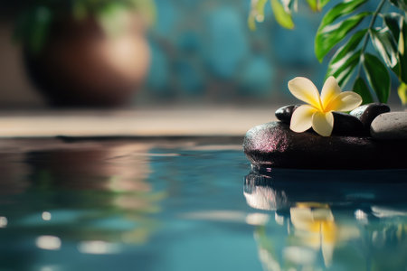 A plumeria flower rests on smooth stones near calm water, creating a peaceful and relaxing atmosphere.の写真素材
