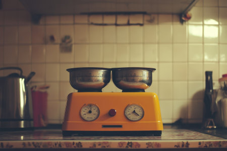A vintage yellow kitchen scale sits on a countertop, ready for measuring ingredients in a cozy kitchen setting.の写真素材