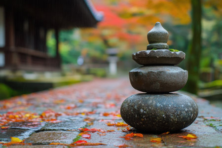 Beautiful stacked stones create a peaceful focal point along a pathway covered in autumn leaves.の写真素材