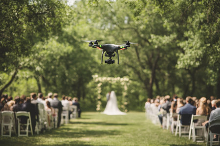 A drone hovers above a wedding ceremony with a bride and groom amidst guests in a serene, green environment.の写真素材
