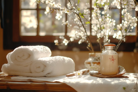 A peaceful spa setting featuring fluffy white towels, a jar of cream, and blooming branches bathed in sunlight.の写真素材