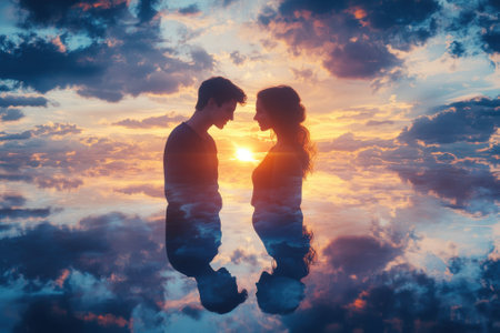A couple stands close together, silhouetted against a vibrant sunset sky reflecting on calm water.の写真素材