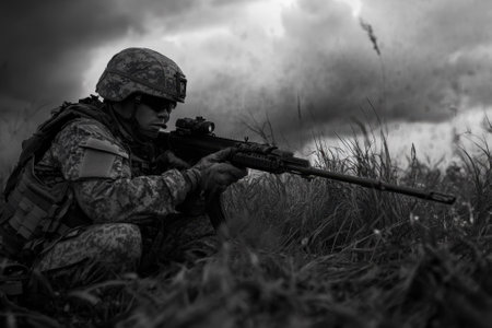 A soldier in tactical gear prepares for action in tall grass under a dramatic sky at dusk.の写真素材