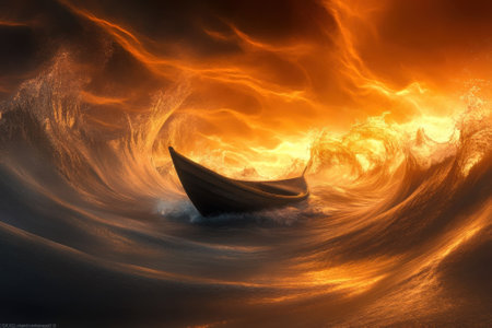 A small wooden boat battles fierce waves during a striking sunset, illuminating the ocean with vibrant colors.の写真素材