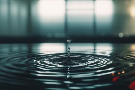 A droplet falls into the water, causing concentric ripples and reflecting soft light in a serene environment.の写真素材