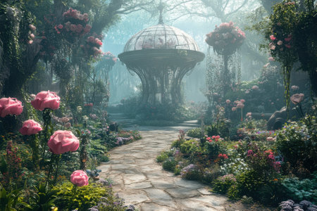 A lush garden filled with colorful flowers surrounds an elegant gazebo, creating a magical ambiance.の写真素材