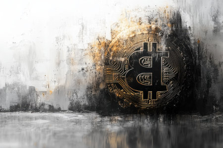 A prominent Bitcoin symbol stands out against an abstract artistic background, highlighting modern finance.の写真素材