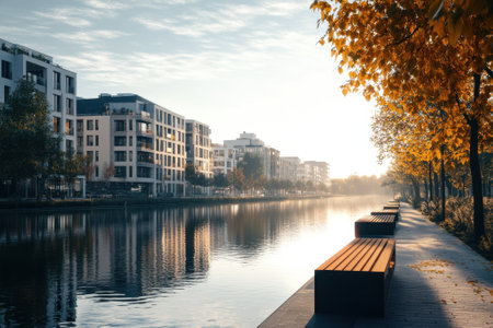 Serene waterfront captures early morning light reflecting on the water next to vibrant autumn leaves.の写真素材