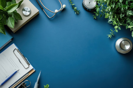 A neat workspace with plants, a stethoscope, and stationery on a vibrant blue tabletop.の写真素材