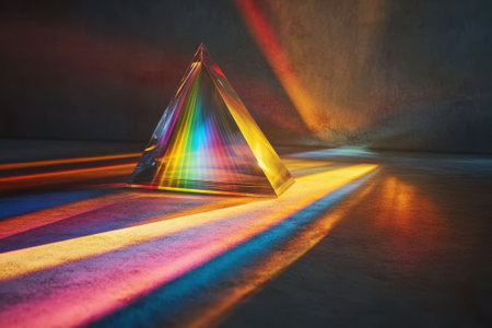 A glass prism refracts light, creating a vibrant spectrum of colors on a floor with a textured surface.の写真素材