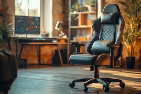 The sleek gaming chair sits in a cozy home office, illuminated by natural light from the windows.の写真素材