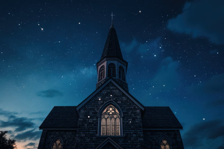 The church stands majestically at night, illuminated by moonlight, surrounded by a star-filled sky.の写真素材
