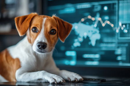 A curious dog lies on a desk, gazing at a digital display filled with graphs and data.の写真素材