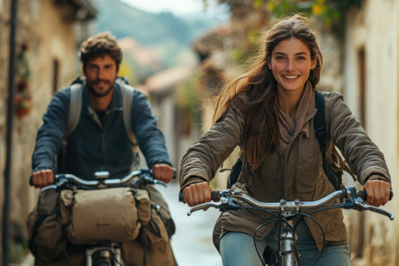 Friends enjoy a bike ride in a quaint village surrounded by scenic landscape under clear skies.の写真素材