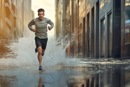 A man runs energetically through a waterlogged city street, sending up splashes under the sun.の写真素材