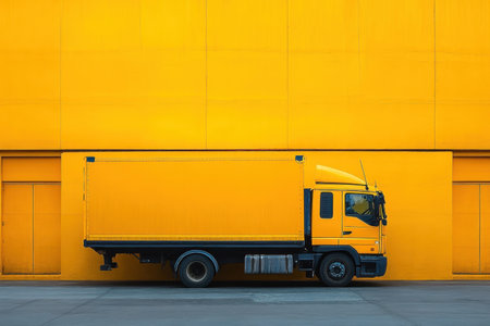 A delivery truck stands still, blending with the vibrant yellow wall, creating a bold urban atmosphere.の写真素材