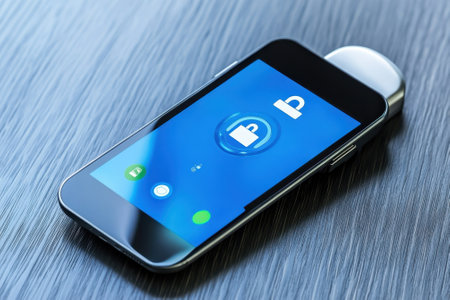 A smartphone with an unlocked security screen resting on a dark wooden surface, showing a digital lock interface.の写真素材
