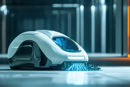 A robotic vacuum cleaner efficiently navigates a polished surface, utilizing smart technology for cleaning.の写真素材