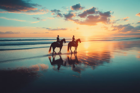 Two riders on horseback walk beside the ocean as the sun sets, creating a serene and picturesque atmosphere.の写真素材