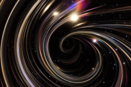 Cosmic whirlpool depicts light trails from stars amidst a dark, infinite space background.の写真素材