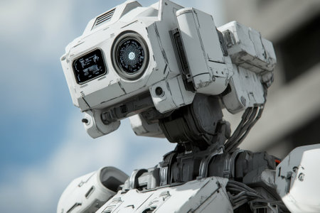 A highly detailed robot stands prominently in an urban setting, showing its advanced technology under bright skies.の写真素材