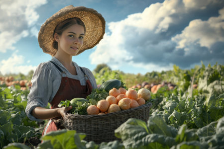 A woman gathers fresh vegetables in a basket while working in a vibrant field filled with produce.の写真素材