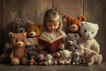 A girl reads a book while seated among numerous soft toys in a warm, inviting atmosphere.の素材