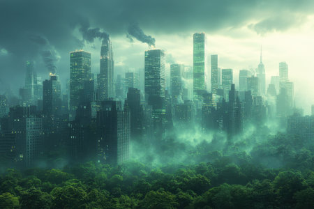 A dense fog envelops the city skyline, contrasting lush green vegetation with towering buildings at sunrise.の写真素材