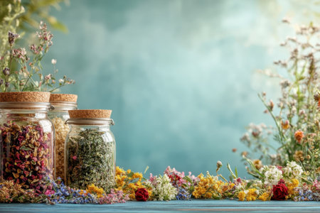 Dried herbs and colorful flowers in jars decorate a table surrounded by lush greenery and soft light.の写真素材