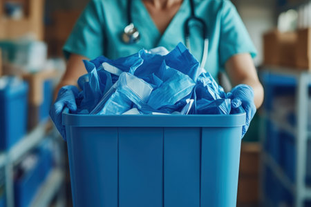 A healthcare worker holds a blue container overflowing with discarded protective gear in a hospital.の写真素材