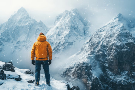 A person in a bright jacket admires towering snow-capped peaks during a snowy winter day.の写真素材