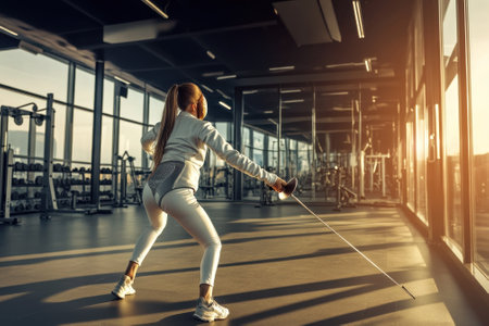 A young athlete practices fencing in a well-lit gym during sunset, showing focus and determination.の写真素材
