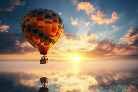 A hot air balloon drifts above a tranquil lake during sunrise, reflecting colorful skies and clouds.の写真素材