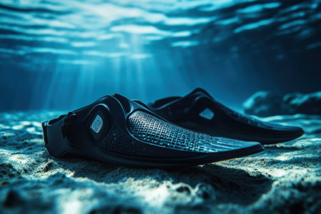 Black underwater shoes are placed on the sandy ocean floor, illuminated by beams of sunlight from above.の写真素材