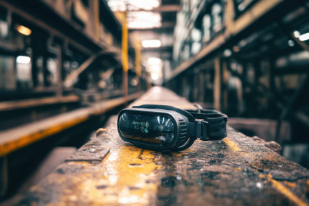 A headlamp lies on a rusty surface in an abandoned warehouse filled with machinery and shadows.の写真素材